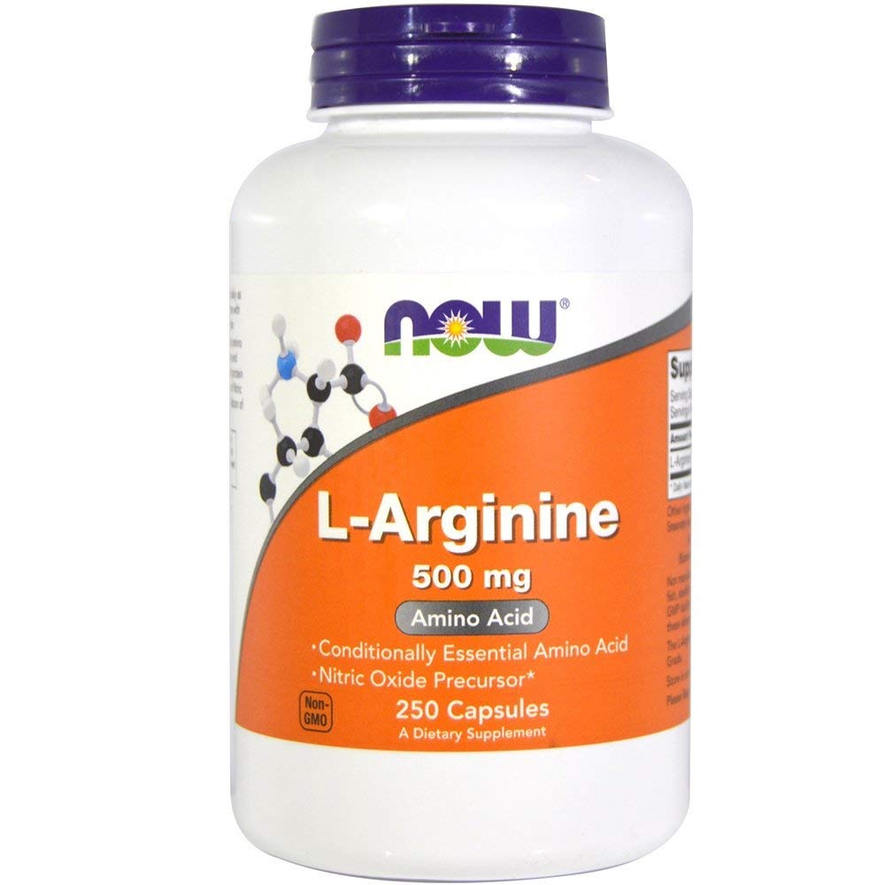 Closeup of NOW Foods L-Arginine capsules for easy daily supplementation