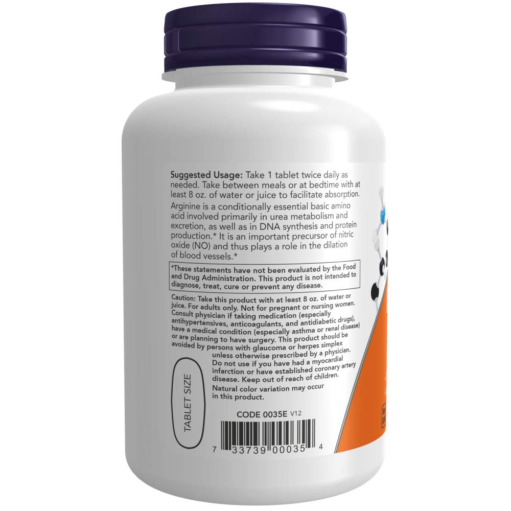 Close-up of NOW L-Arginine tablet illustrating pharmaceutical-grade quality.