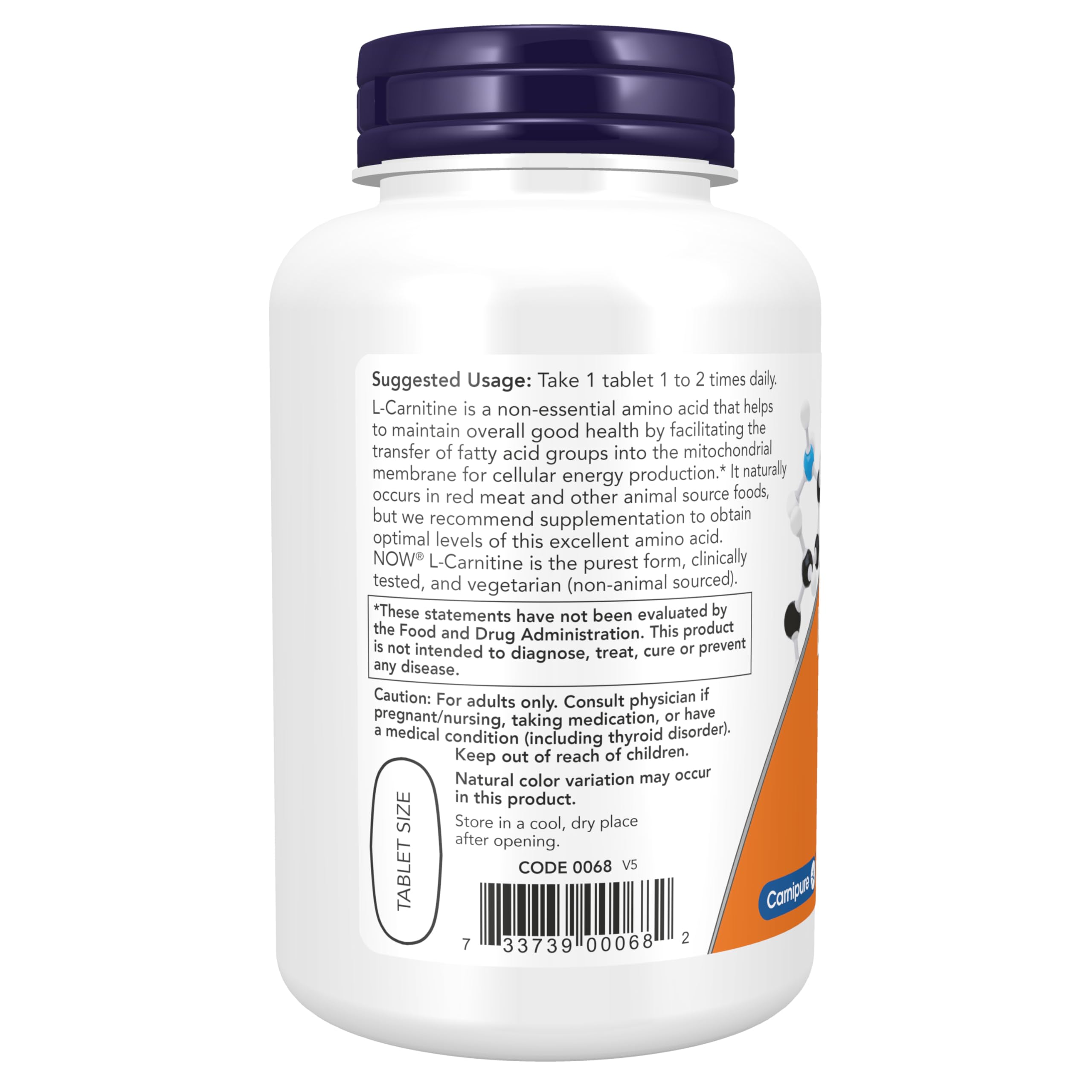 NOW Foods L-Carnitine 1000mg label close-up highlights purest form and Carnipure branding.