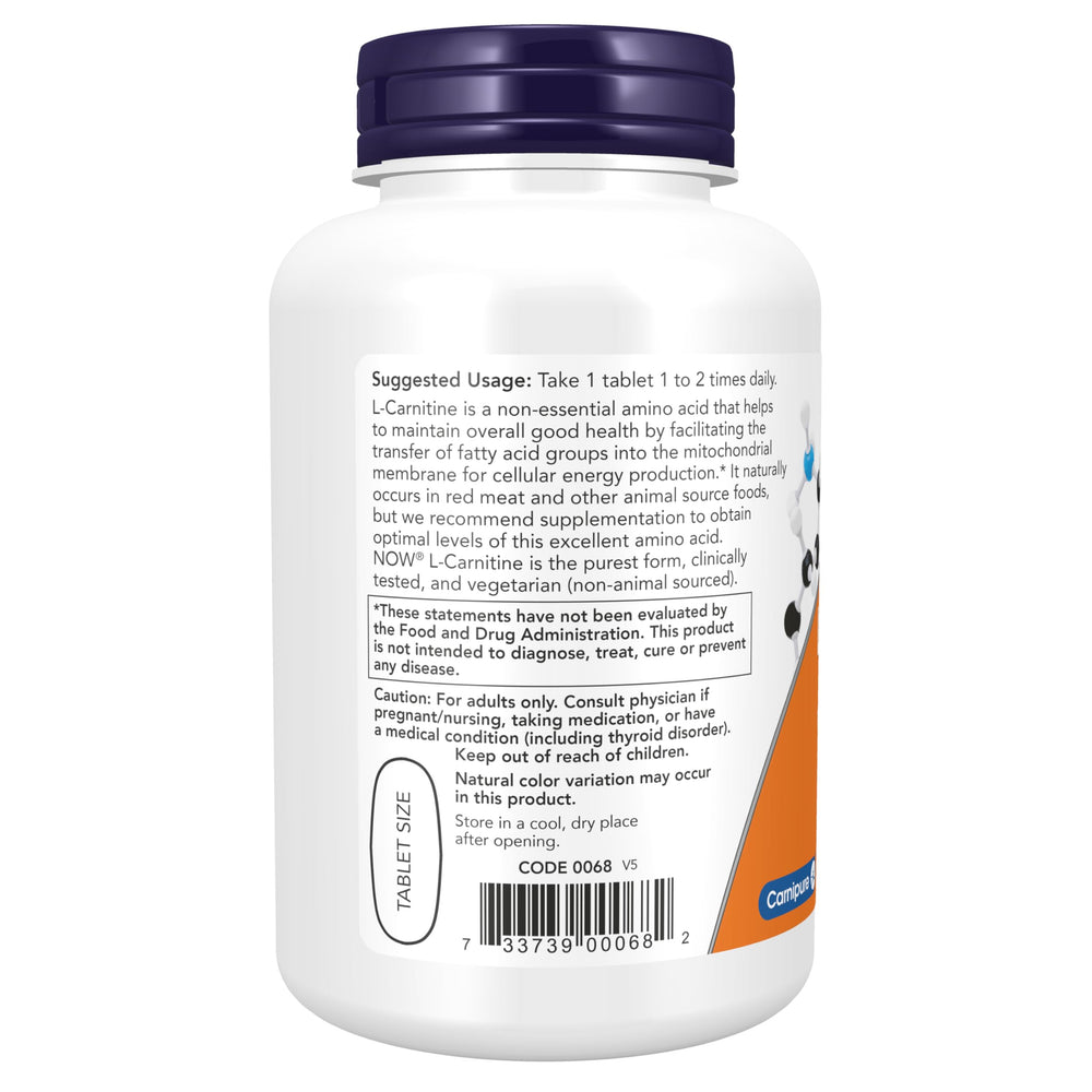 NOW Foods L-Carnitine 1000mg label close-up highlights purest form and Carnipure branding.
