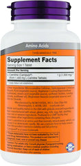 NOW Foods L-Carnitine tablets closeup highlighting easy-to-swallow capsules.