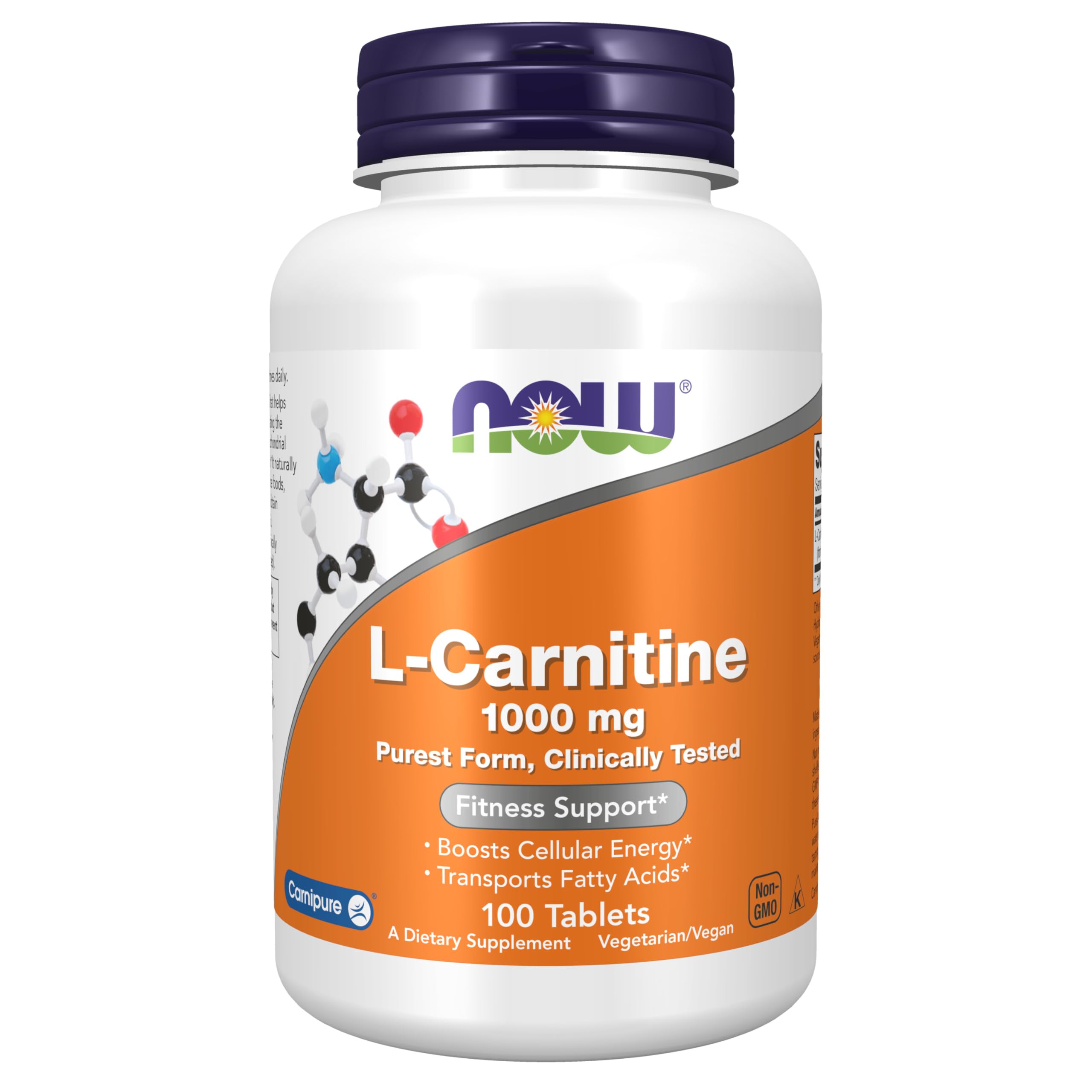 NOW Foods L-Carnitine 1,000 mg tablets front view highlighting purity and daily energy support