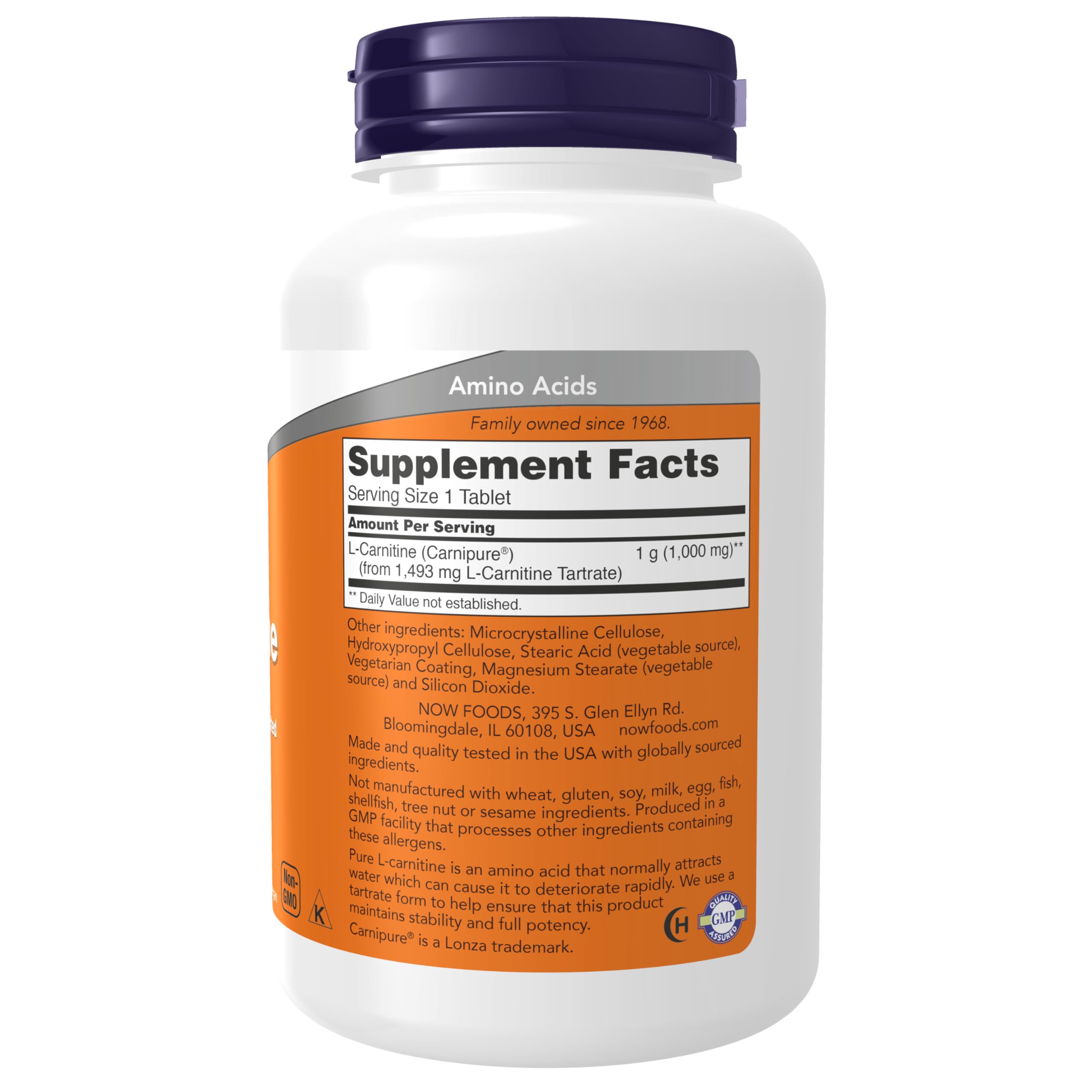 NOW Foods L-Carnitine 1,000 mg label shows vegetarian, non-GMO credentials