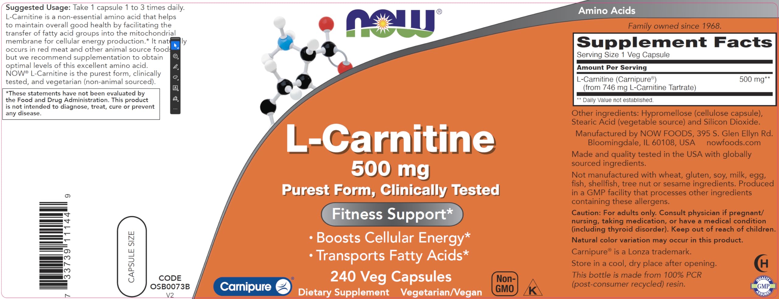 NOW Foods L-Carnitine 500 mg bottle back panel and label details