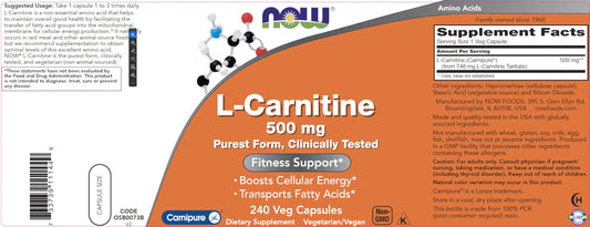 NOW Foods L-Carnitine 500 mg bottle back panel and label details