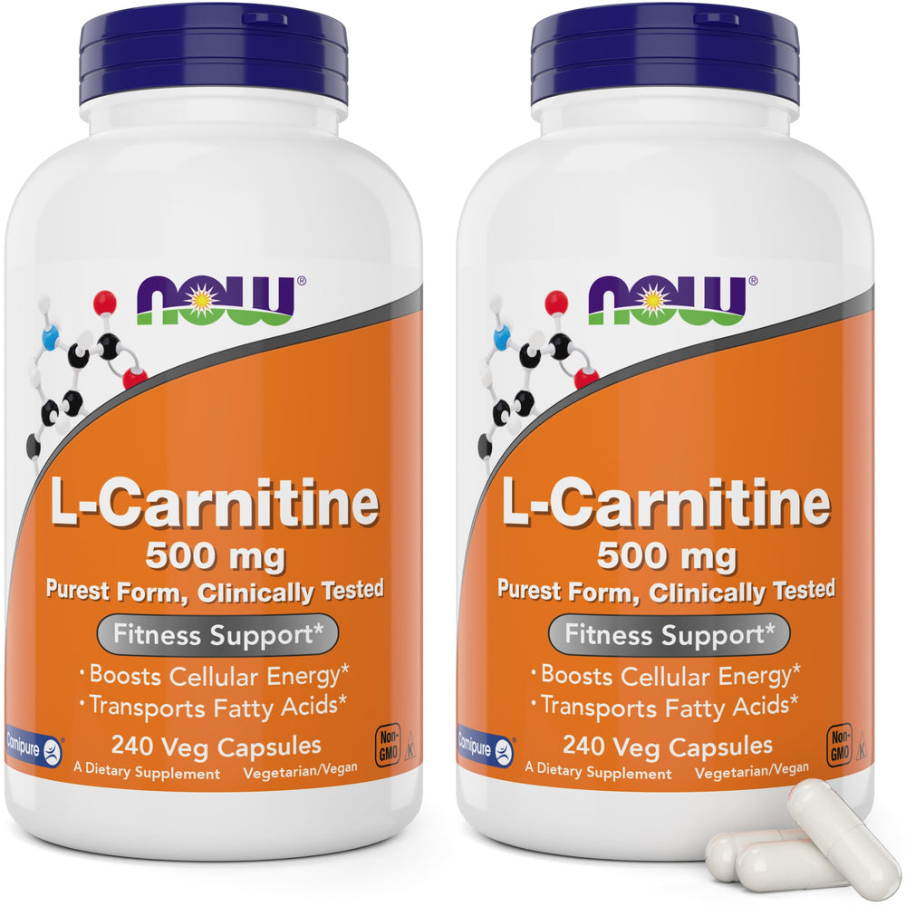 NOW Foods L-Carnitine 500 mg bottle front view with vegetarian capsules