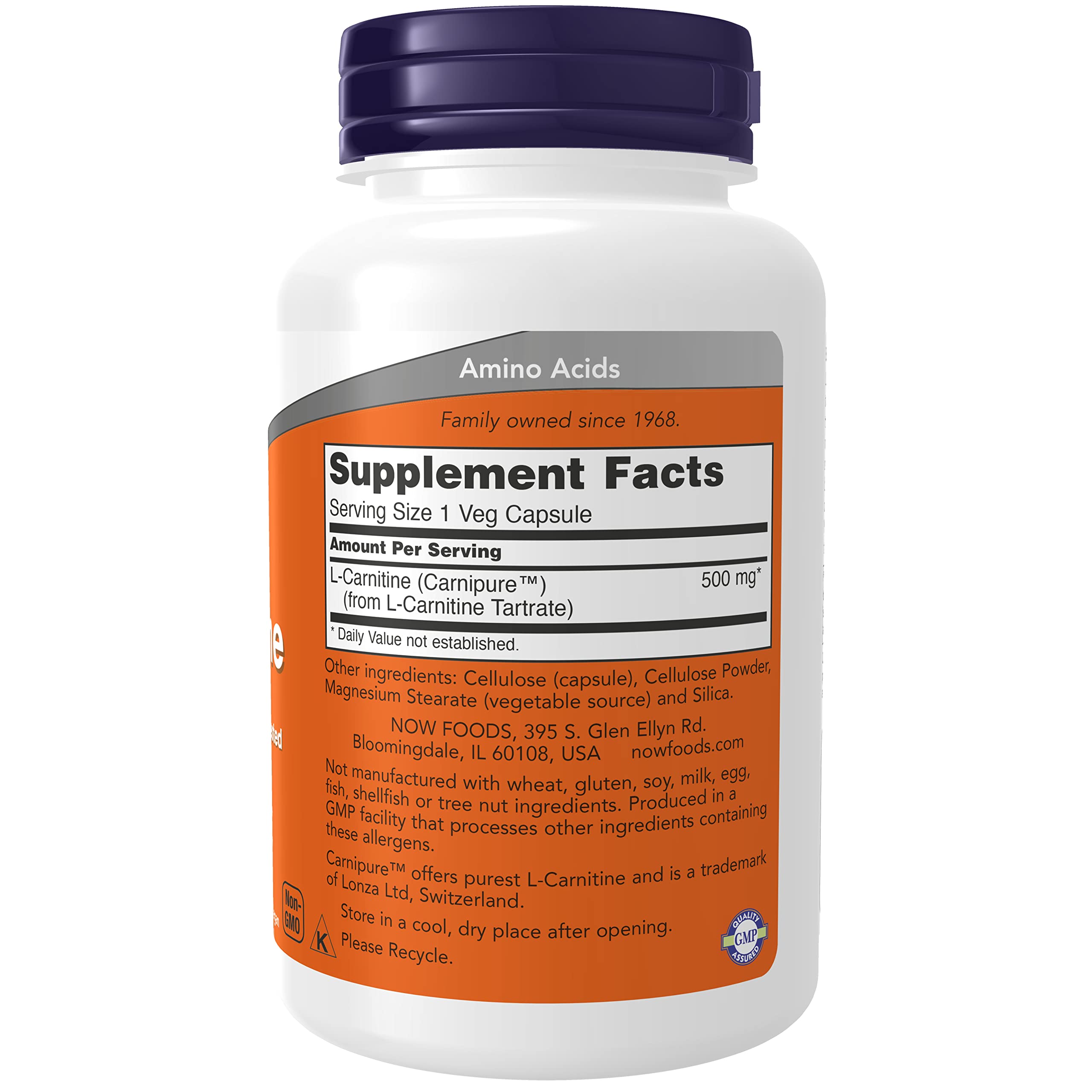 NOW Foods L-Carnitine 500 mg capsules close-up, vegan formula label highlighted.