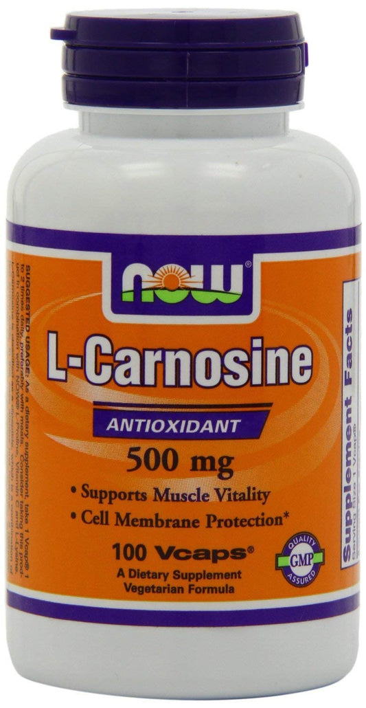NOW Foods L-Carnosine 500mg bottle with VeggieCaps for daily antioxidant support.
