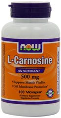 NOW Foods L-Carnosine 500mg bottle with VeggieCaps for daily antioxidant support.