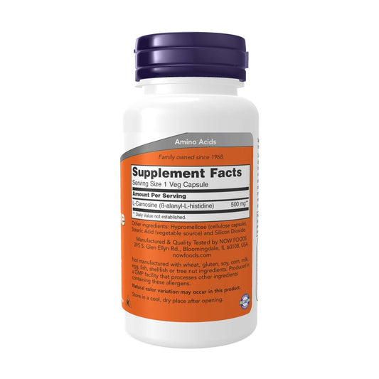NOW Foods L-Carnosine 500mg capsules closeup showing vegetarian formula
