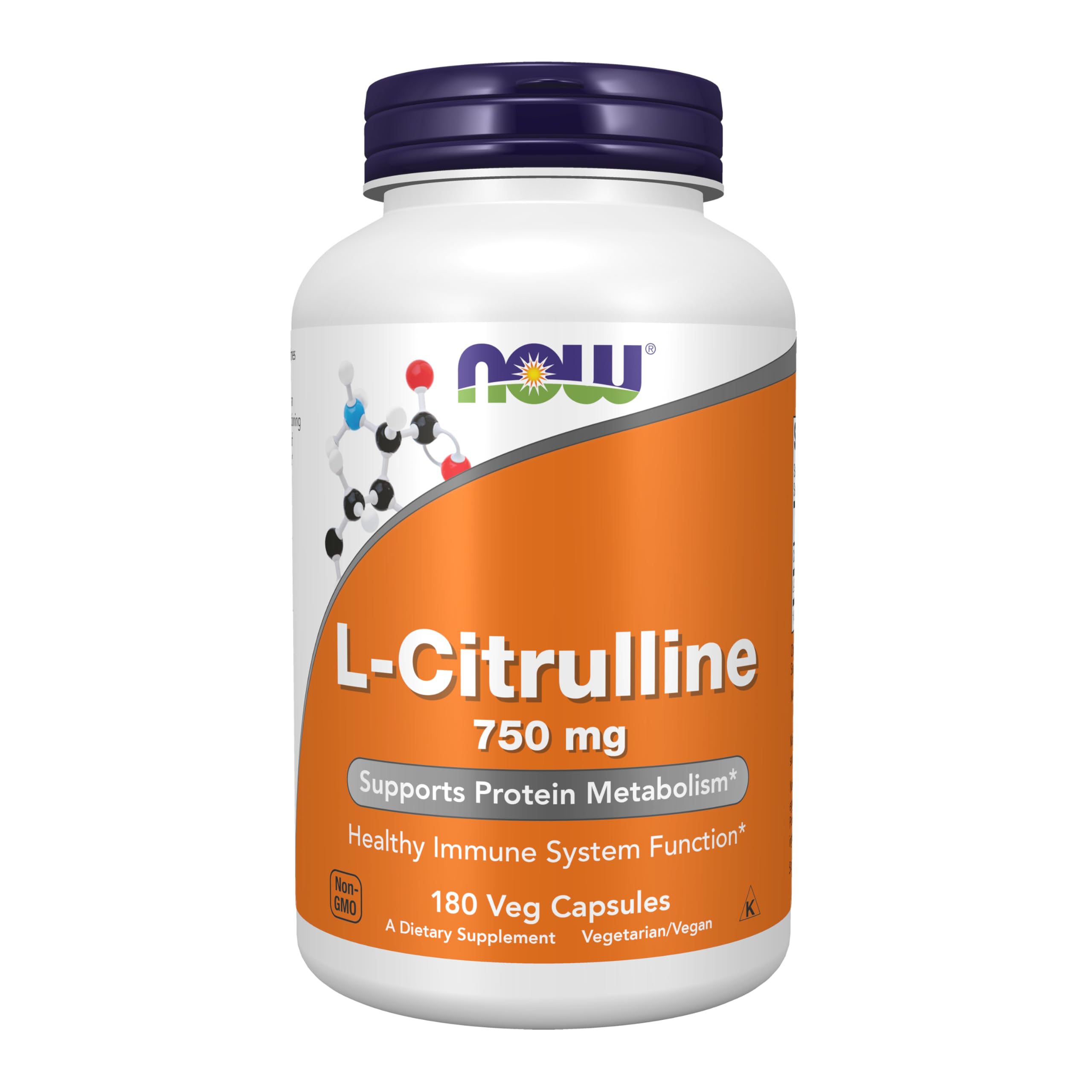 NOW Foods L-Citrulline 750 mg bottle with vegan capsules for protein metabolism support.