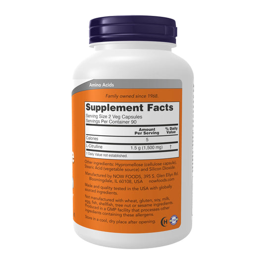 NOW Foods L-Citrulline vegan capsules on label highlighting gluten-free and non-GMO.