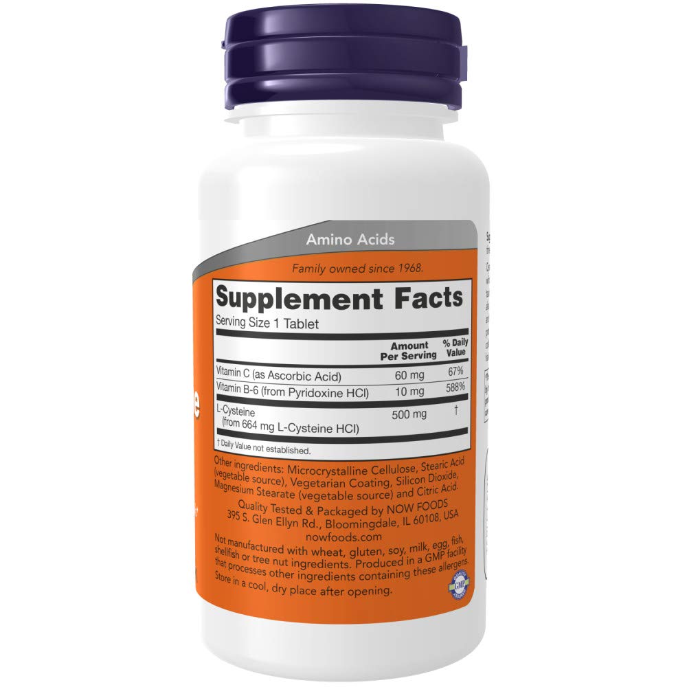 Now Foods L-Cysteine 500 mg bottle back panel showing supplement facts and directions