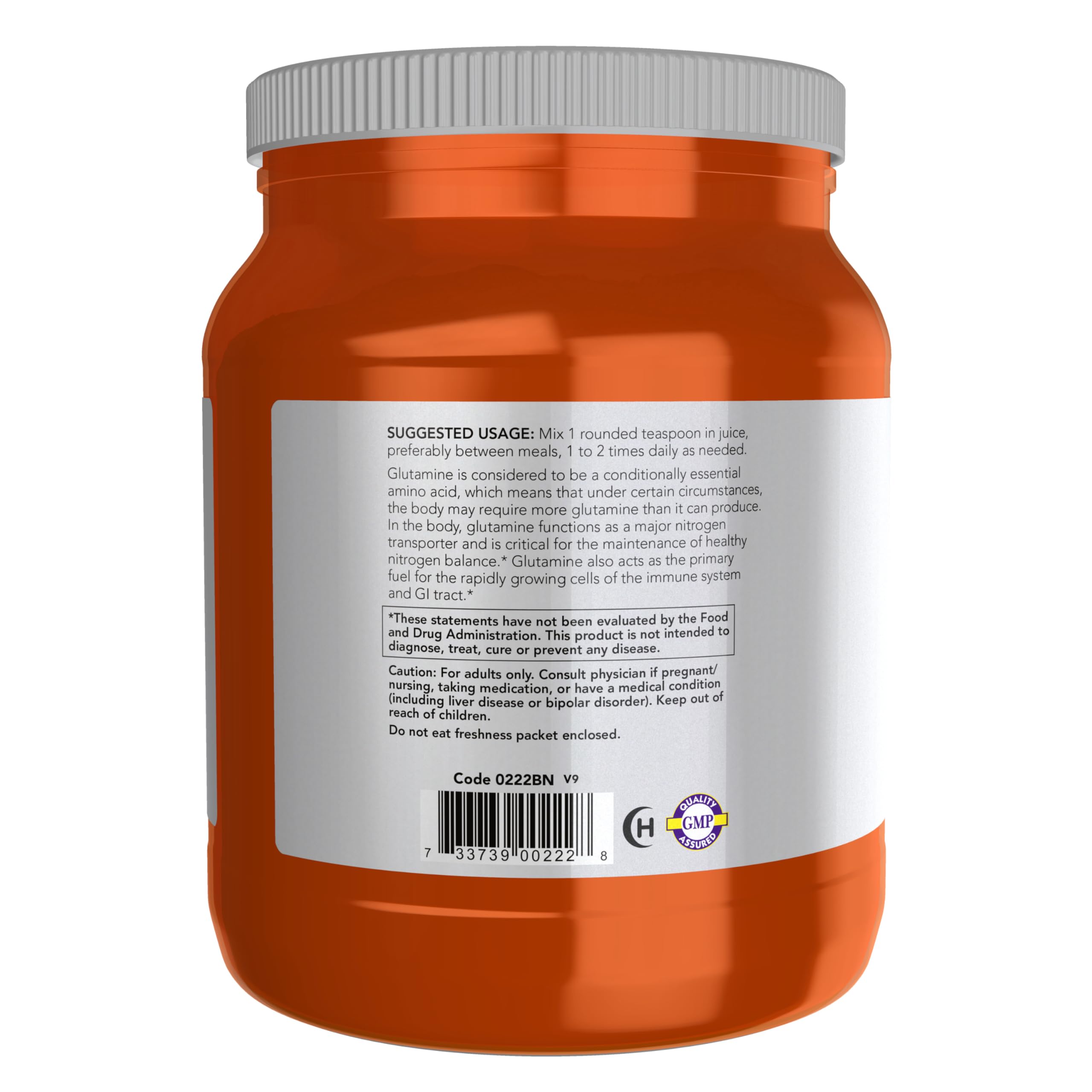 NOW Foods L-Glutamine powder label highlights GMP quality assurance.