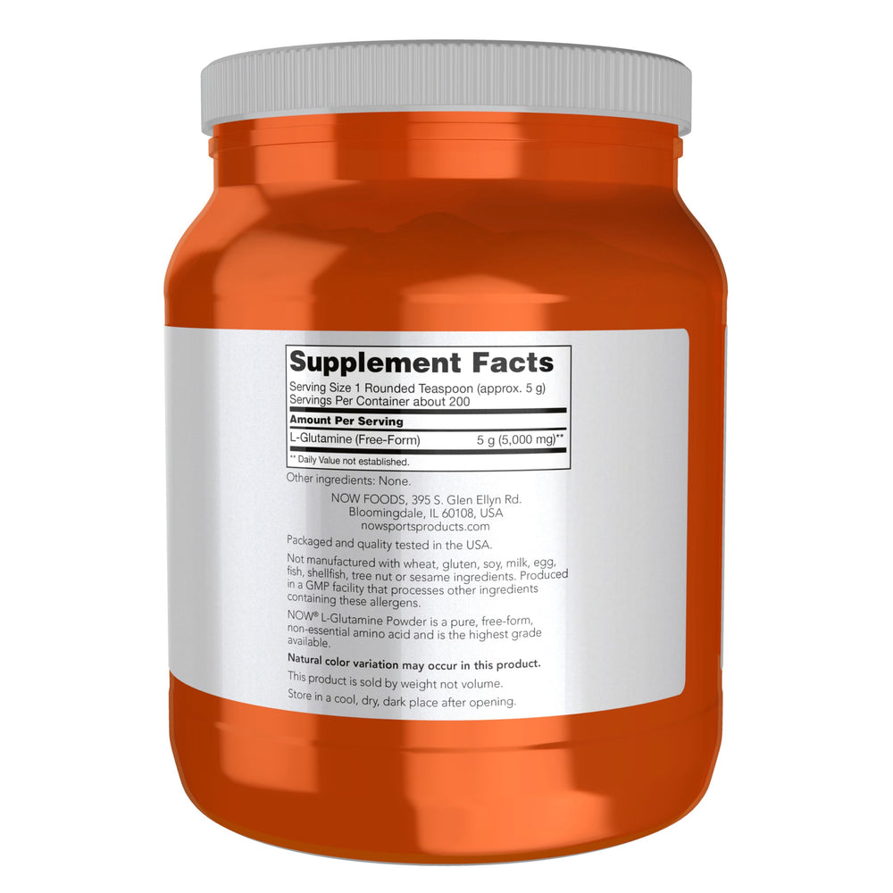 NOW Foods L-Glutamine powder scoop showing precise measurement for recovery.