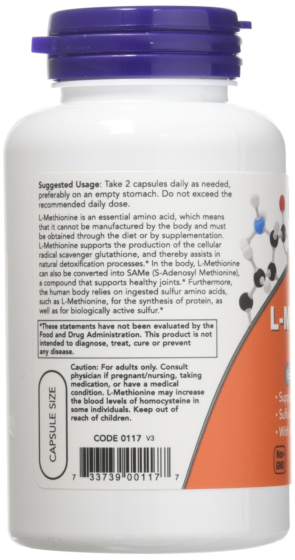 NOW Foods L-Methionine 500 mg label close-up showing vitamin B-6 inclusion.