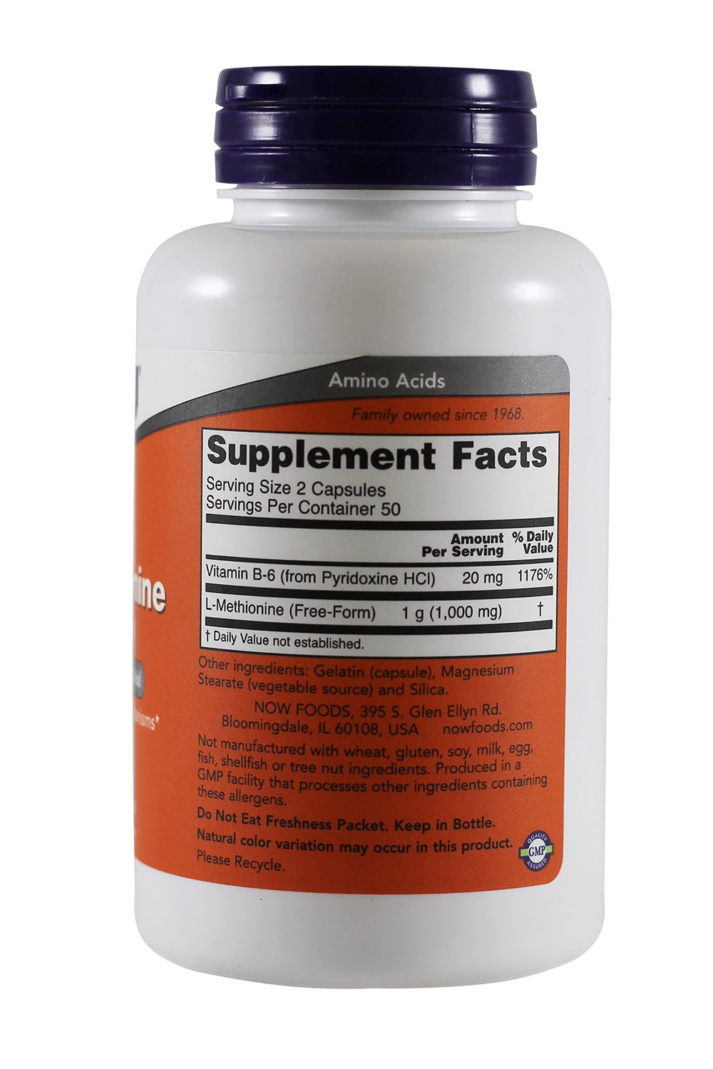 Now Foods L-methionine capsules close-up highlighting daily detox support.