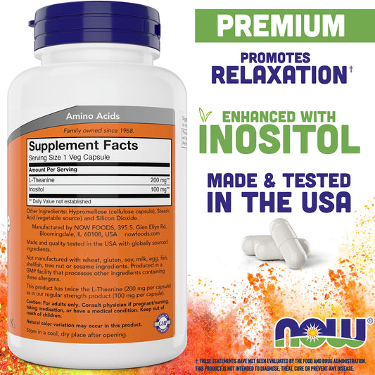 Close-up of NOW Foods L-Theanine capsules for daily supplementation