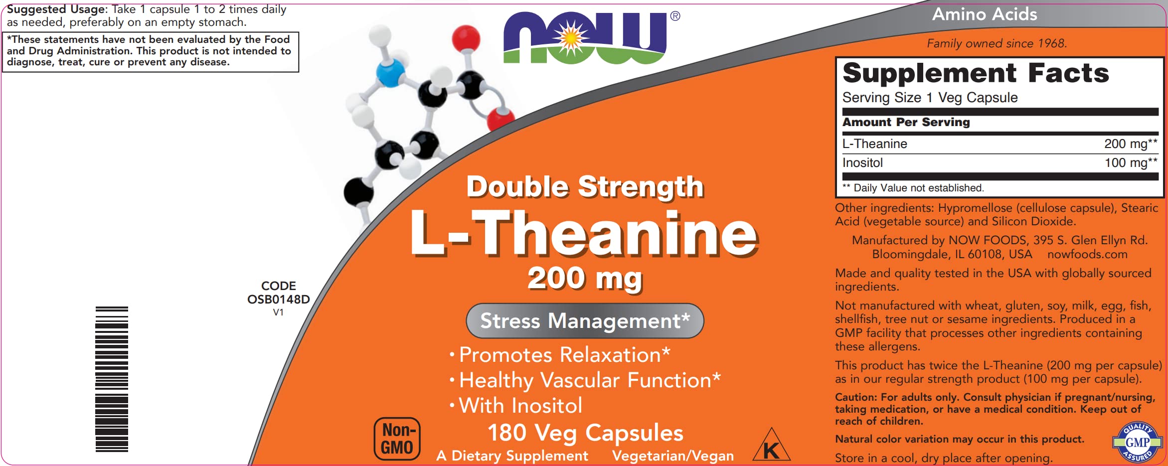 NOW Foods L-Theanine capsule with inositol addition highlighted