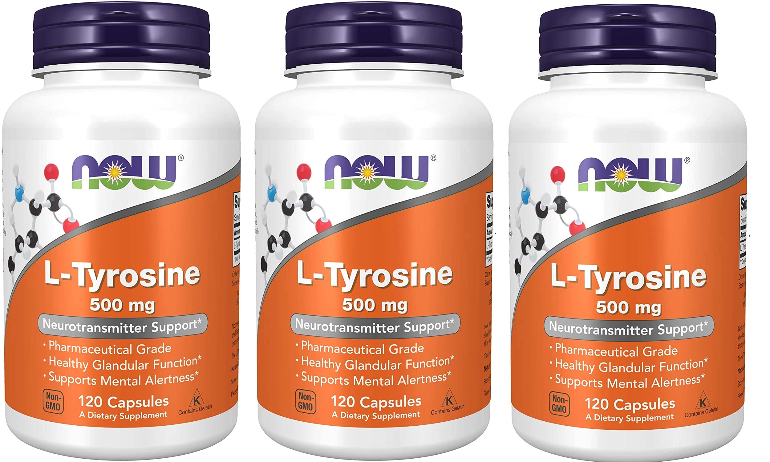 NOW Foods L-Tyrosine 500 mg bottle close-up, premium quality for mental alertness.