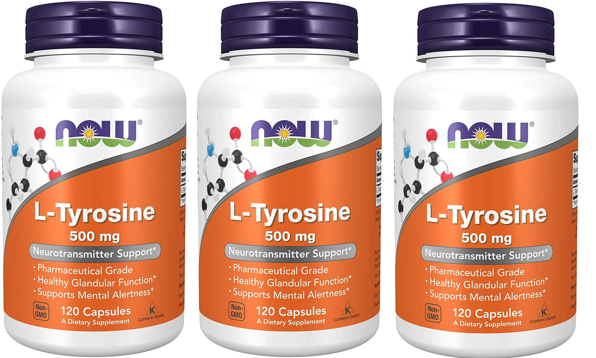 NOW Foods L-Tyrosine 500 mg bottle close-up, premium quality for mental alertness.