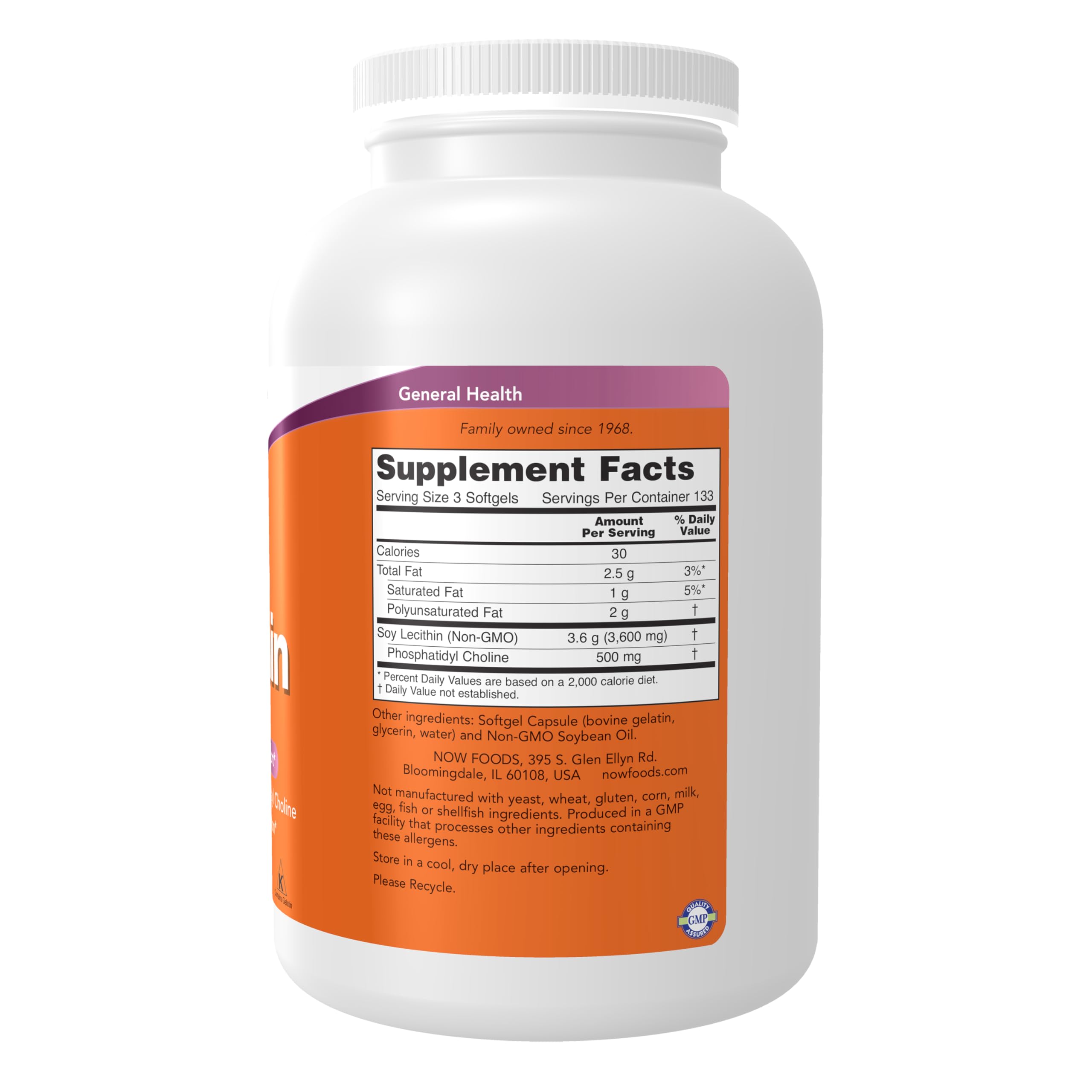 NOW Foods Lecithin softgels close-up highlighting phosphatidyl choline and essential fatty acids