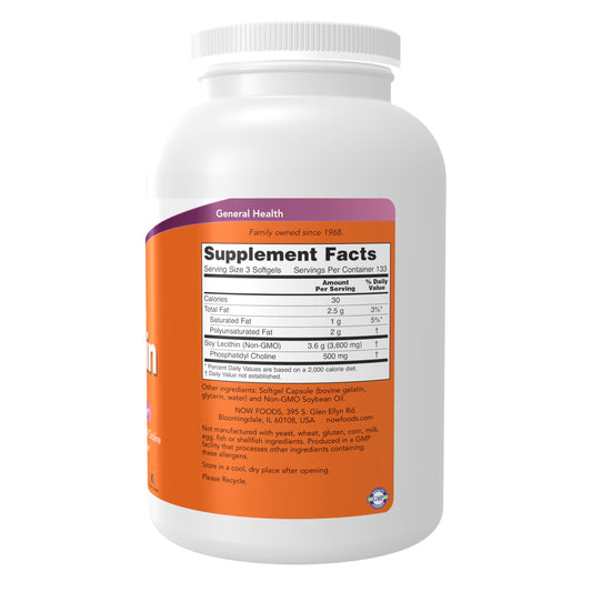 NOW Foods Lecithin softgels close-up highlighting phosphatidyl choline and essential fatty acids