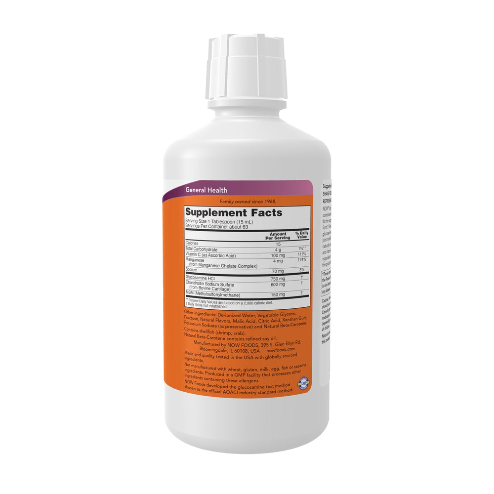 NOW Foods Liquid Glucosamine-Chondroitin-MSM pour highlights easy daily dosing.
