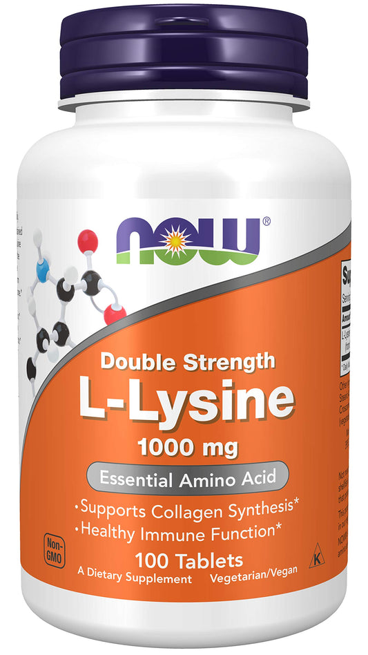 Now Foods L-Lysine 1000 mg double strength bottle front, high-potency capsules for daily use