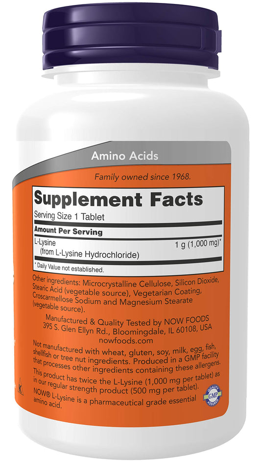 Now Foods L-Lysine 1000 mg double strength label closeup, vegan and non-GMO attributes