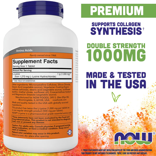 NOW Foods L-Lysine 1000mg bottle back label with dosage details