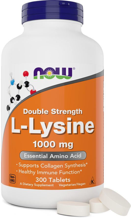 NOW Foods L-Lysine 1000mg bottle front showing high potency and style