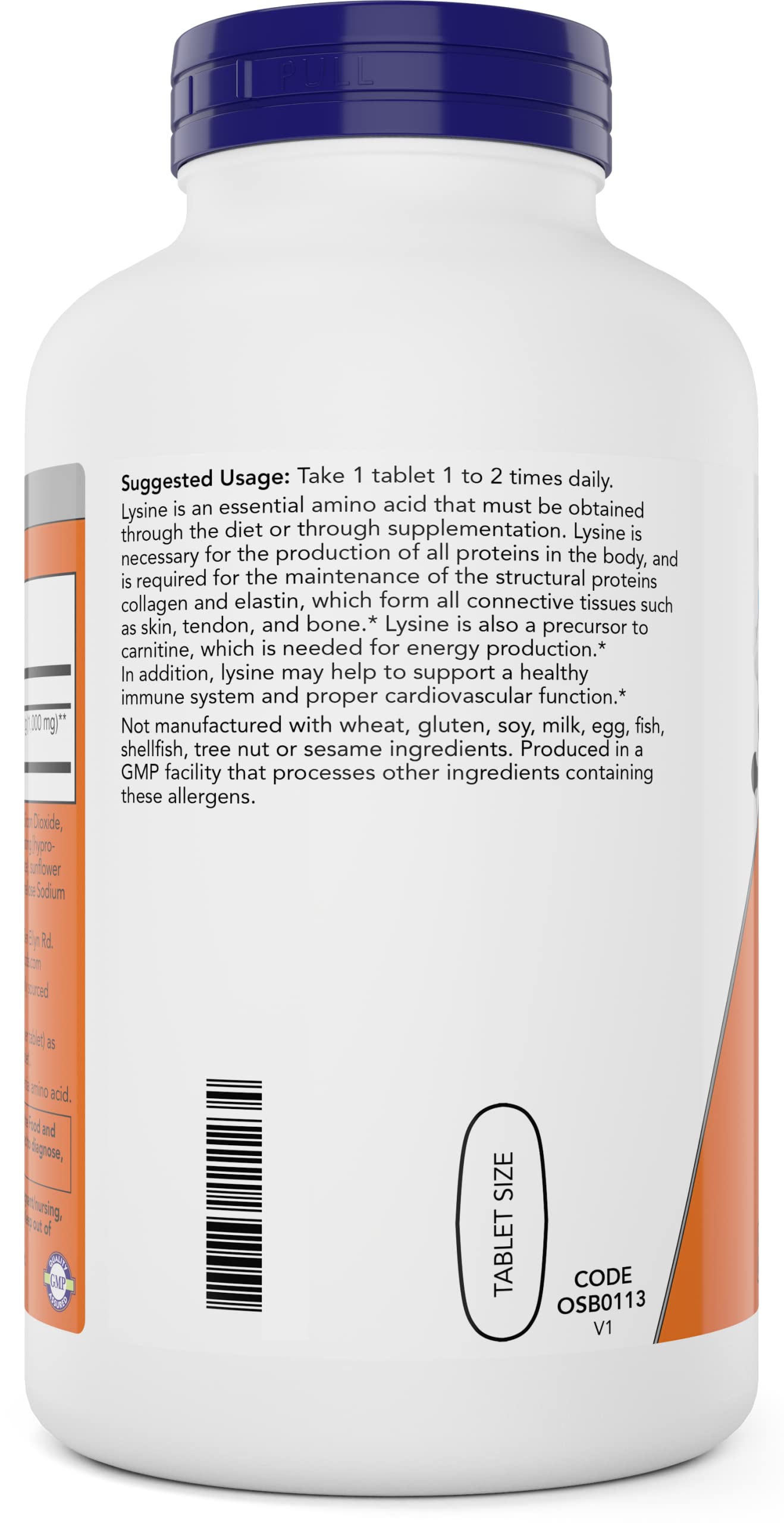 NOW Foods L-Lysine 1000mg close-up label highlighting vegan and non-GMO