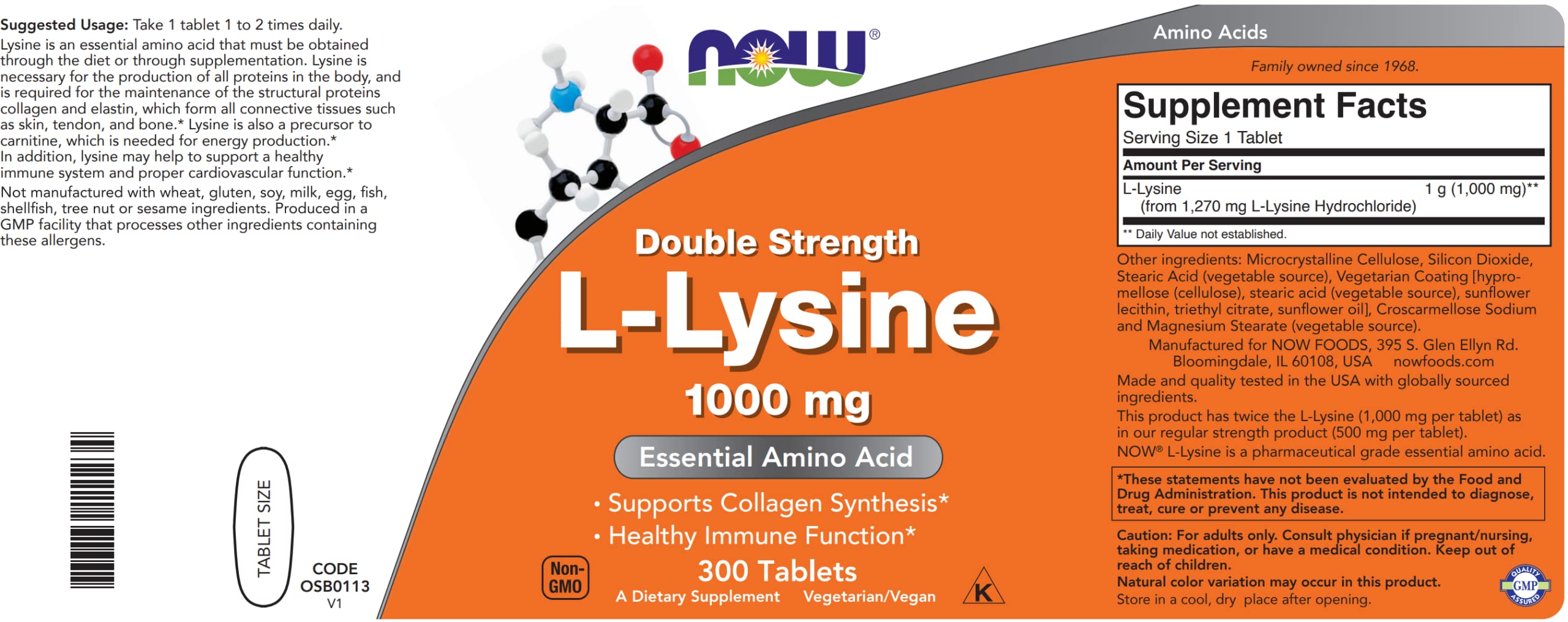 NOW Foods L-Lysine 1000mg tablets poured from bottle for daily use