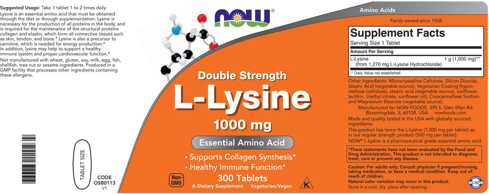 NOW Foods L-Lysine 1000mg tablets poured from bottle for daily use