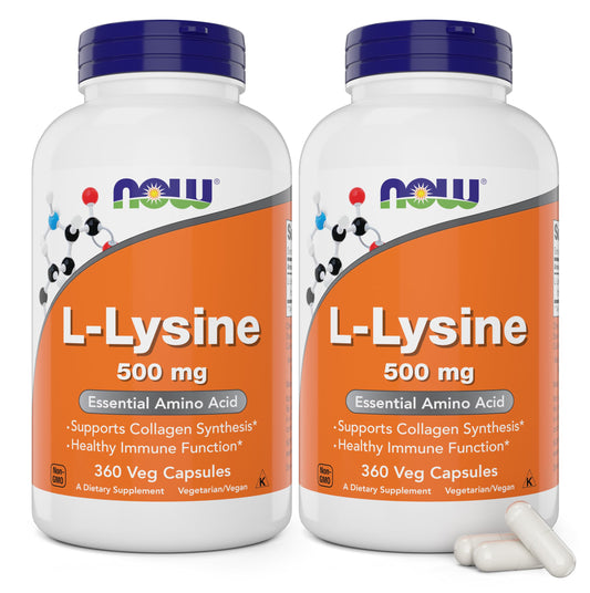 NOW Foods L-Lysine 500 mg bottle cap close-up for daily supplement routine.
