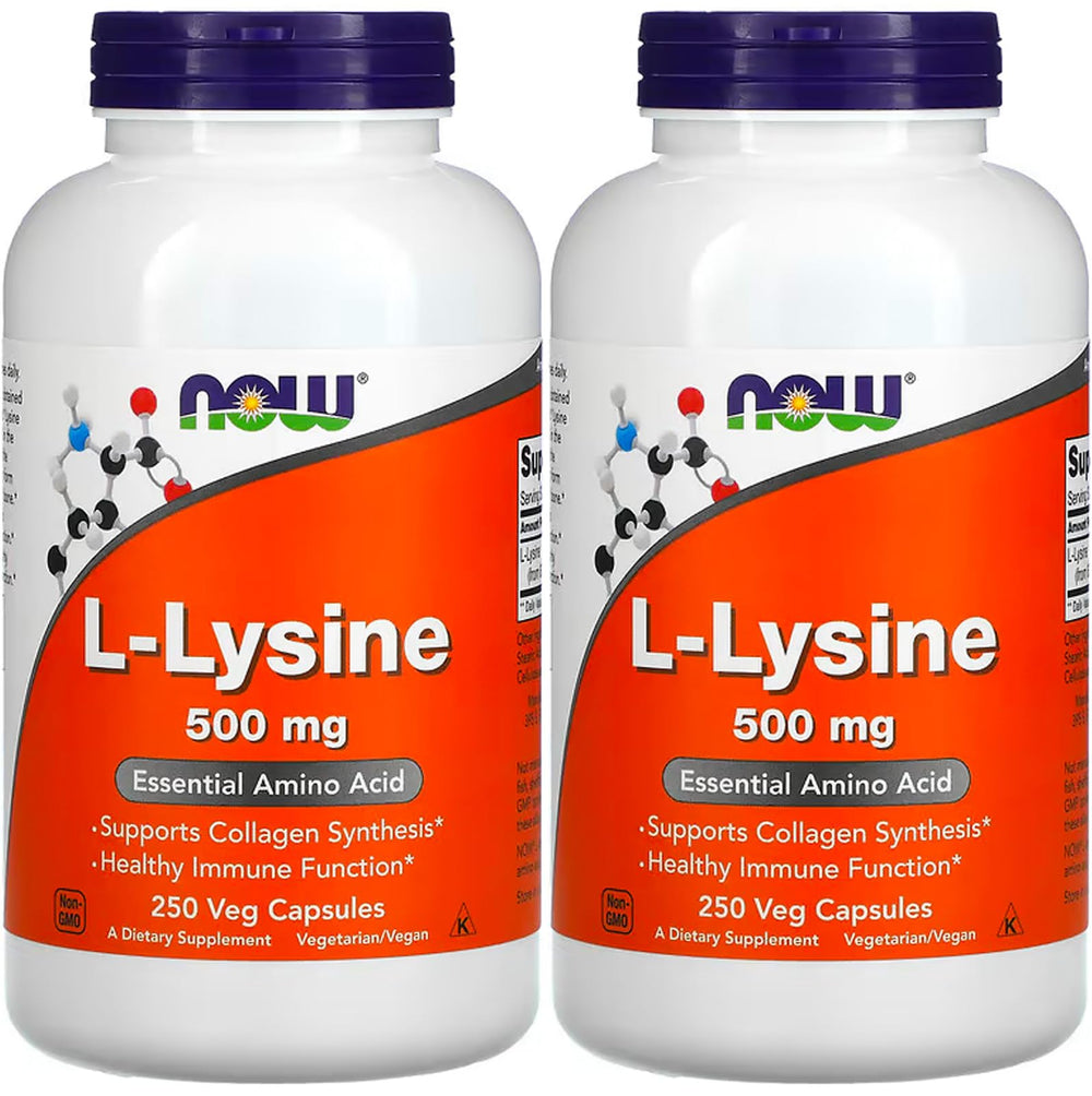 NOW Foods L-Lysine 500 mg bottle front, easy daily amino acid support.