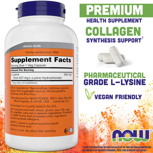 NOW Foods L-Lysine 500 mg capsules close-up, highlighting vegetarian capsules.