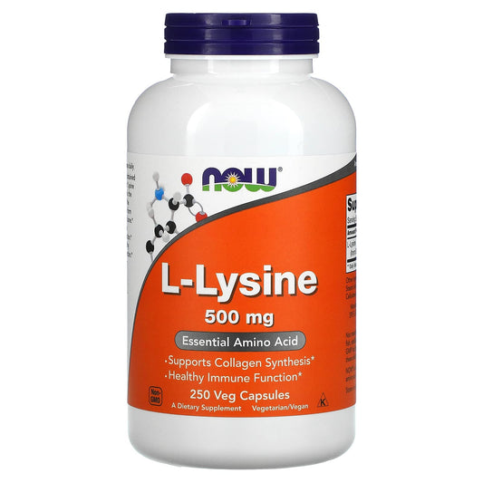 NOW Foods L-Lysine 500 mg capsules closeup, convenient daily supplement.