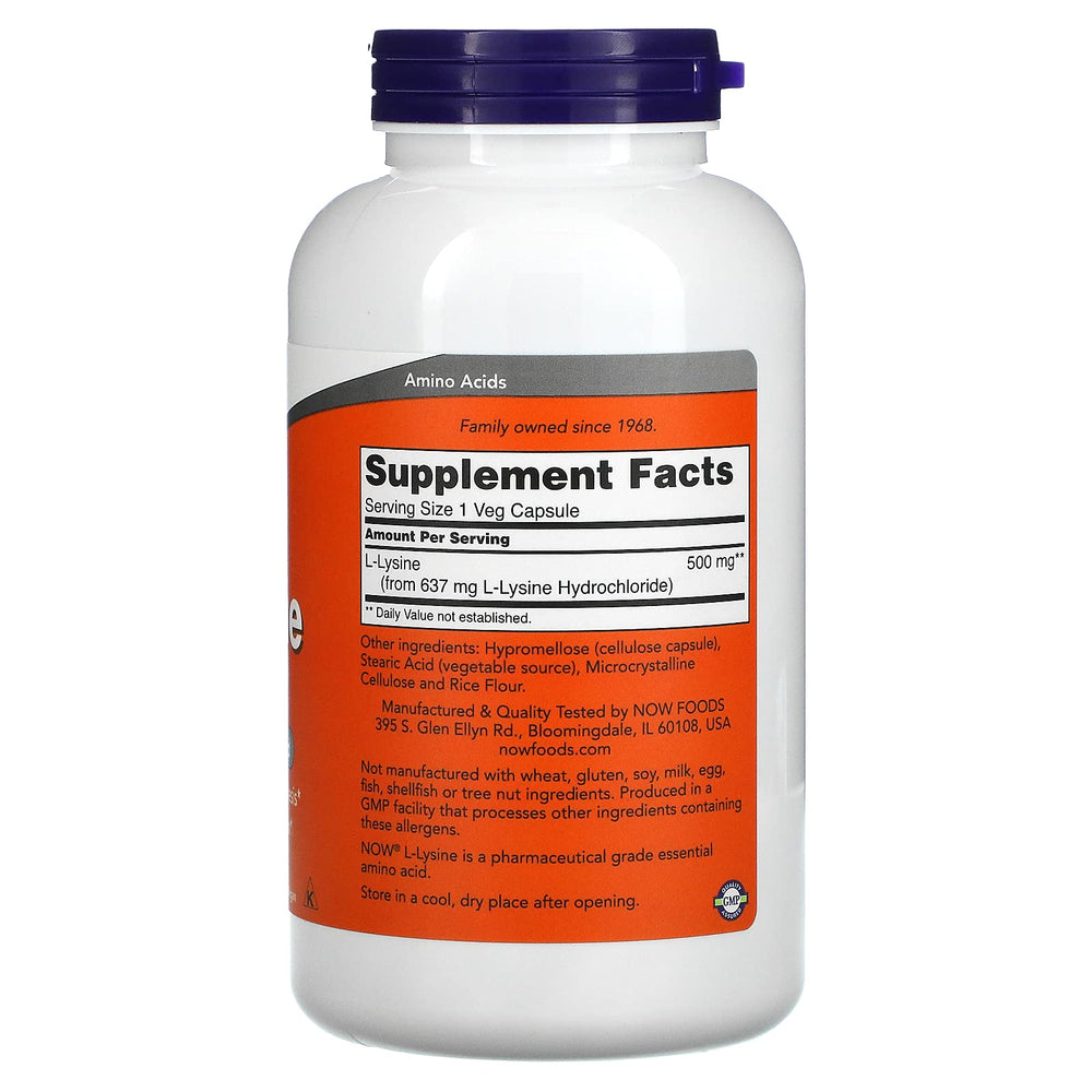 NOW Foods L-Lysine 500 mg packaging back, non-GMO and vegan friendly.