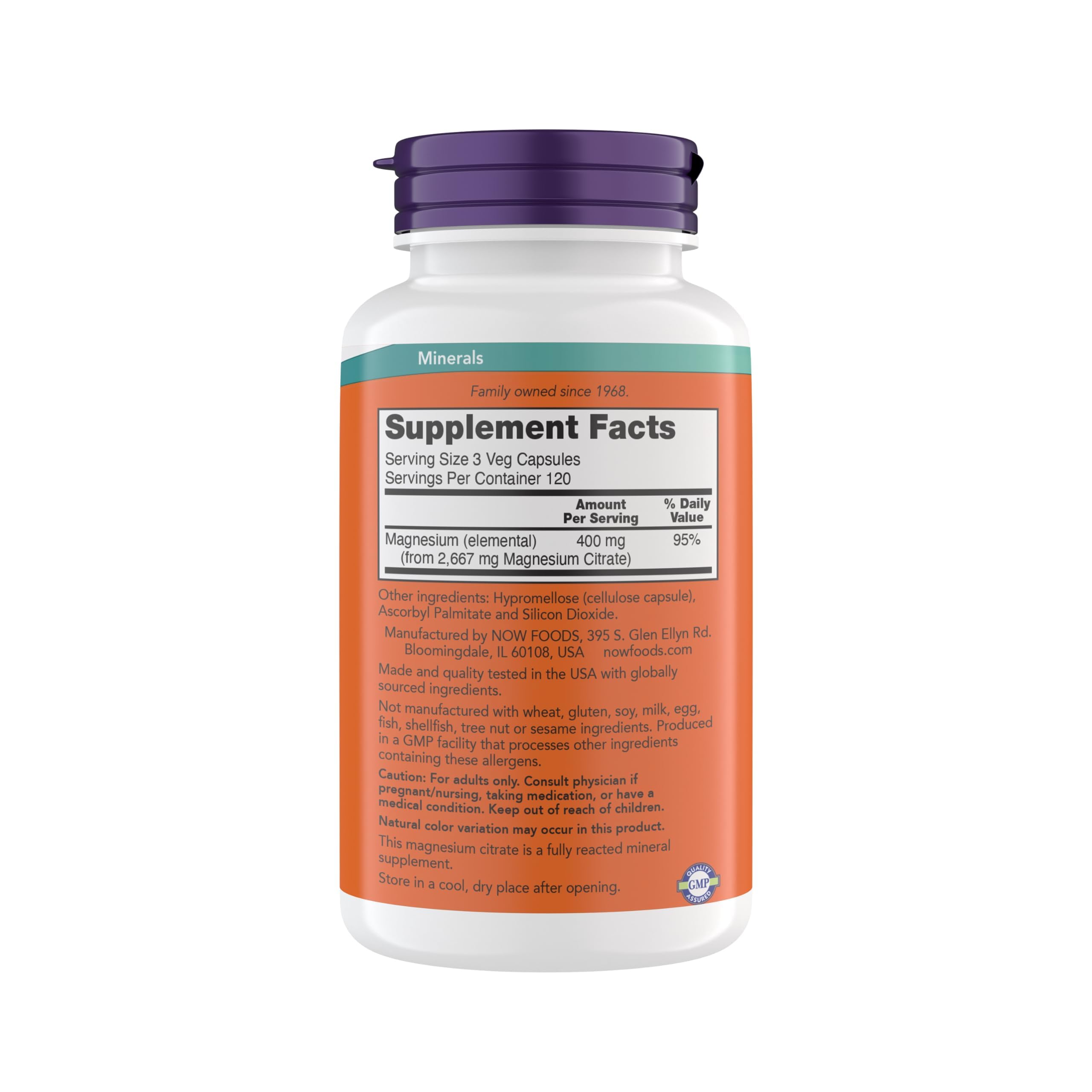 NOW Foods Magnesium Citrate bottle label highlights ingredients and certifications.