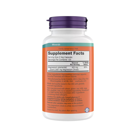 NOW Foods magnesium citrate bottle close-up, highlights enzyme support.