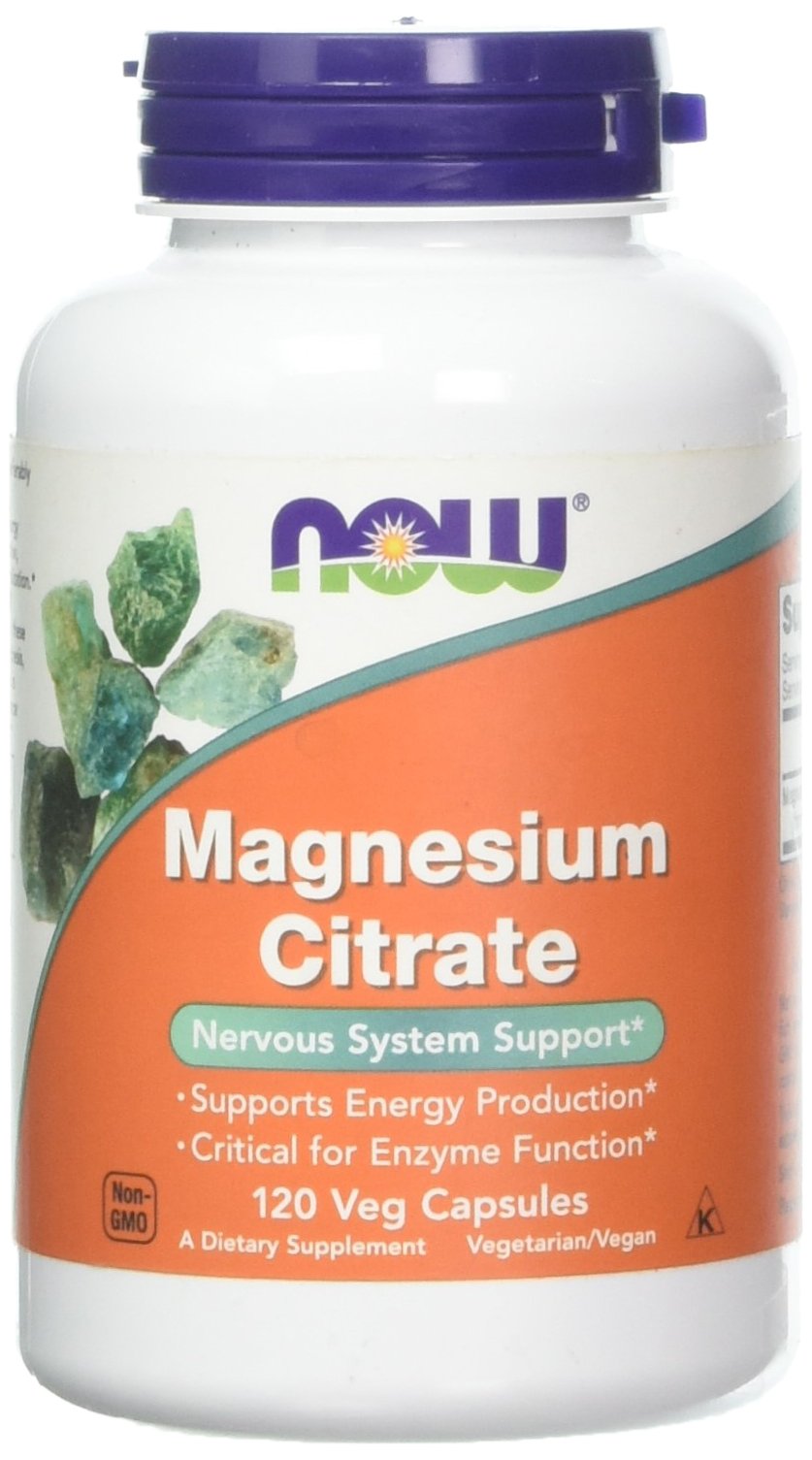 NOW Foods Magnesium Citrate caps bottle shows the product with easy-to-swallow capsules for daily support.