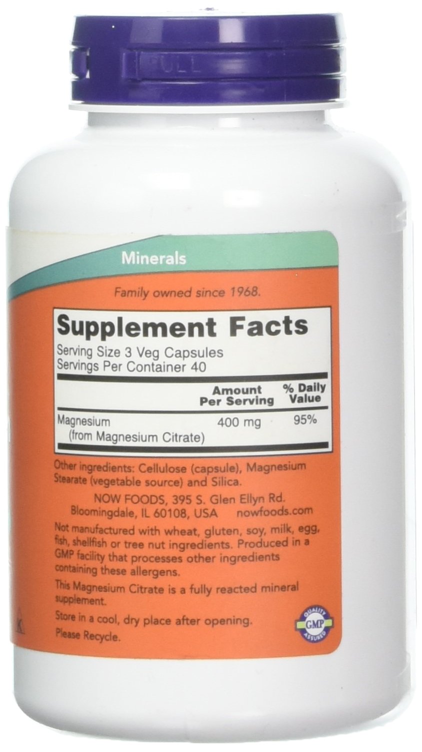 NOW Foods Magnesium Citrate caps label closeup emphasizes clear dosing and essential mineral support.
