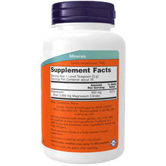 NOW Foods Magnesium Citrate Powder bottle side shows 100% pure powder.