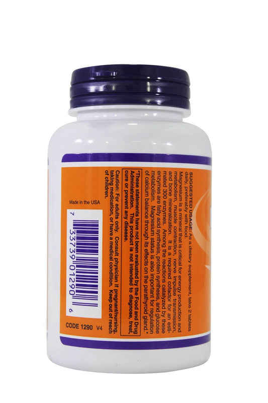 NOW Foods Magnesium Citrate tablets close-up, easy to swallow daily supplement