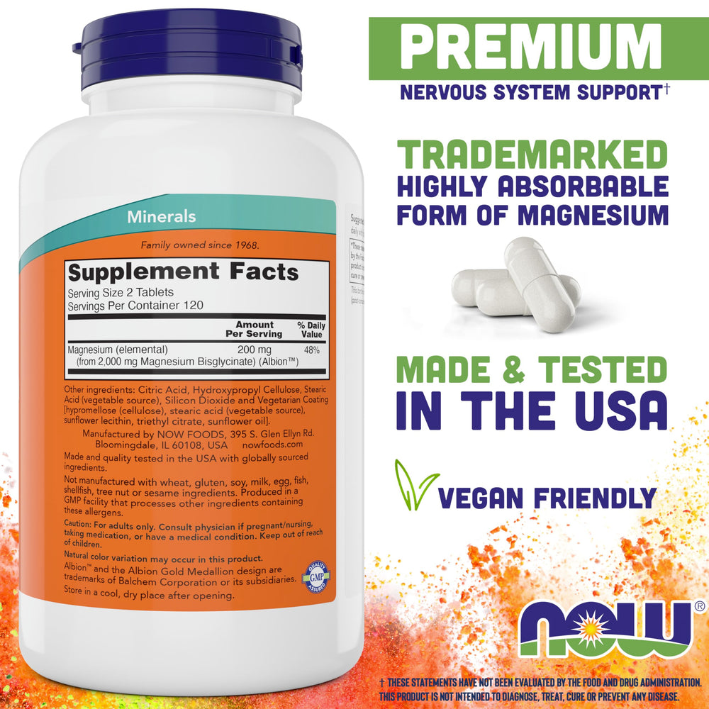 NOW Foods Magnesium Glycinate bottle label highlights high-absorption formula