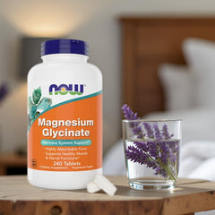 NOW Foods Magnesium Glycinate ingredients panel shows vegan, non-GMO formula