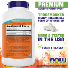NOW Foods Magnesium Glycinate tablets close-up highlighting chelated form for absorption.
