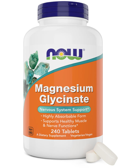 NOW Foods Magnesium Glycinate tablets front view for everyday muscle support